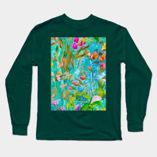 Cool tropical floral leaves botanical illustration, tropical plants,leaves and flowers, blue aqua leaves pattern Long Sleeve T-Shirt